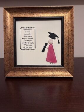 Artisan Gold Frame Graduation Sea Glass Art with Red Gown